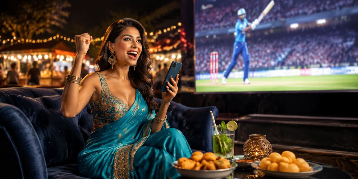 Indian woman enjoying cricket betting on mobile with 812002
