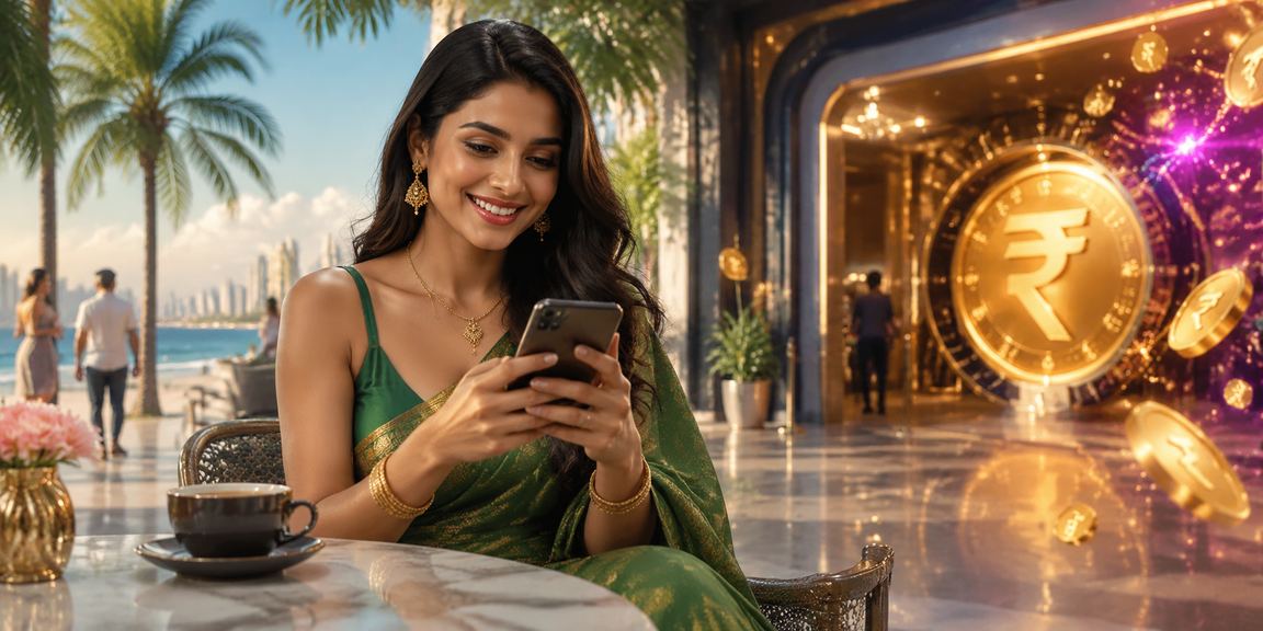 Indian woman playing mobile slot game in traditional saree